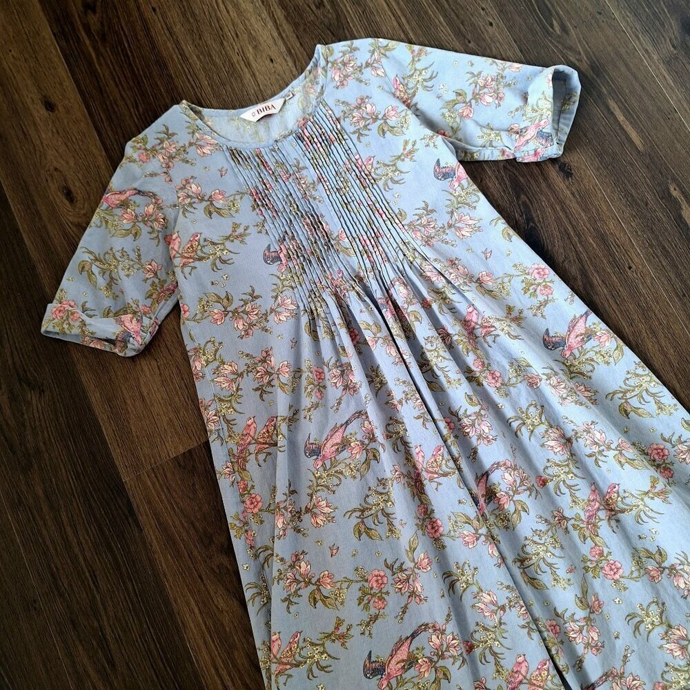💙 Bila Floral Bird Printed Cotton Flex Dress Size S/M Cottage Romantic Girly - Picture 2 of 8